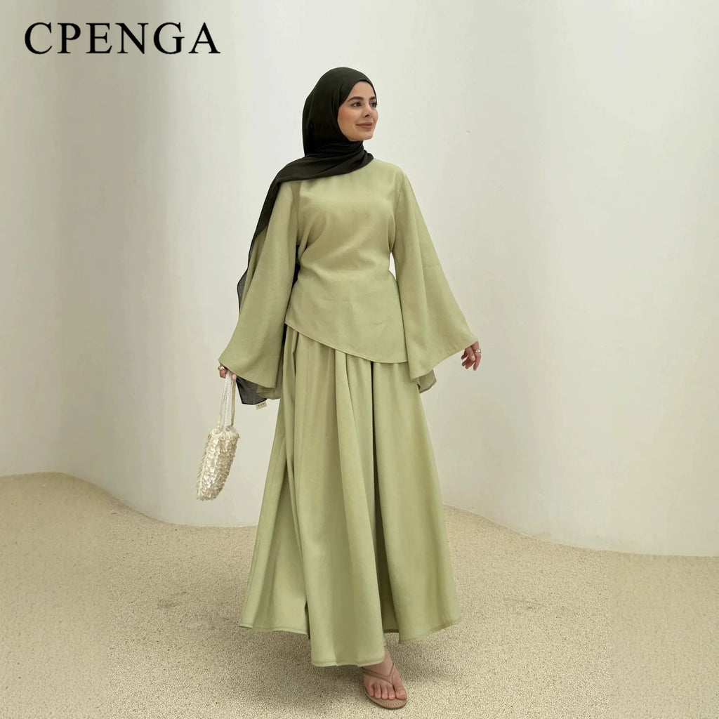 Elegant Muslim Women 2 Piece Abaya Set Ramadan Modest Summer Daily Turkey Top and Skirt Suit Islamic Casual Outfit for Eid
