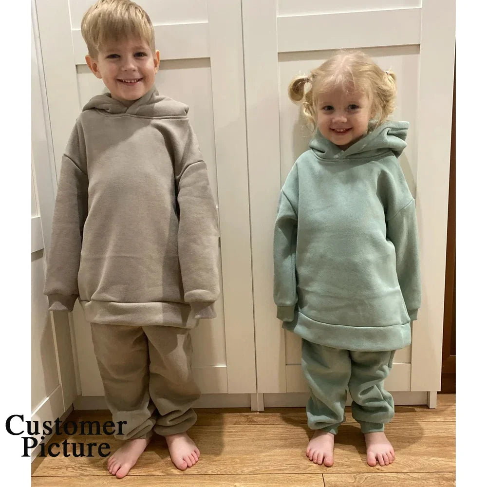 2026 Children Kids Fleece Winter Outfits Solid Cotton Hooded Sweatshirt+Pants Toddler Infant Suit Boy Girl Casual Warm Clothes