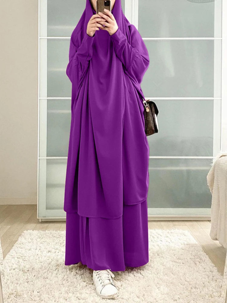 Eid Women Long Khimar 2 Piece Set Prayer Garment Djellaba  Abaya Muslim Ramadan Gown Dubai Arab Islamic Niqab Burka Jubah Jilbab