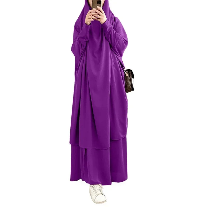 Eid Women Long Khimar 2 Piece Set Prayer Garment Djellaba  Abaya Muslim Ramadan Gown Dubai Arab Islamic Niqab Burka Jubah Jilbab