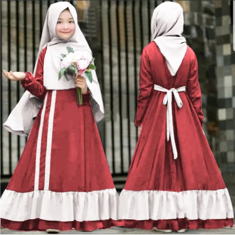 Muslim Ramadan 2Pcs Islamic Girls Modest Prayer Gown Long Sleeve Dress Hijab Arabic Kids Abayas Dubai Kaftan Robe with Headscarf