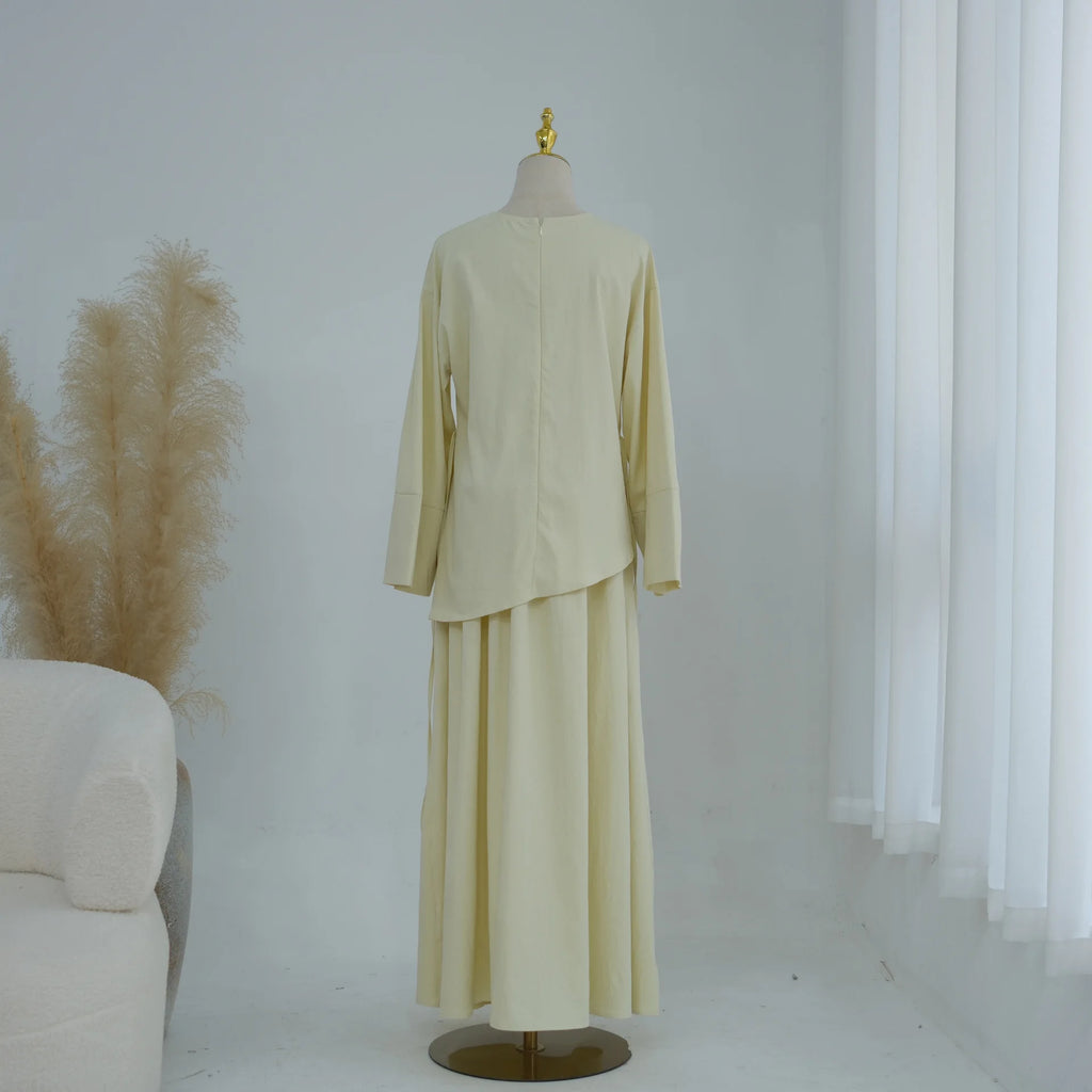 Elegant Muslim Women 2 Piece Abaya Set Ramadan Modest Summer Daily Turkey Top and Skirt Suit Islamic Casual Outfit for Eid