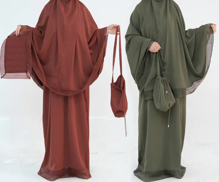 Complete Women's Islamic Prayer Outfit Set (4 Items) Includes Prayer Rug Carry Case Modest Abaya Dress and Khimar Headscarf