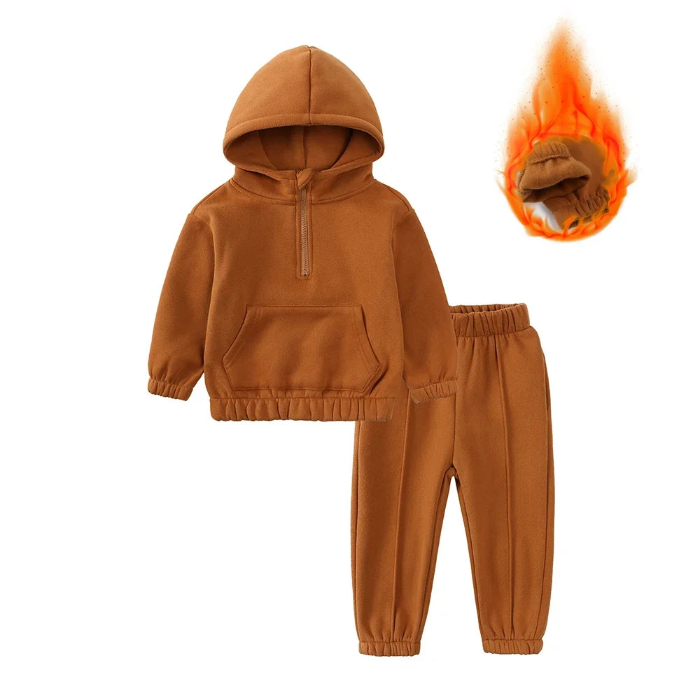 2026 Children Kids Fleece Winter Outfits Solid Cotton Hooded Sweatshirt+Pants Toddler Infant Suit Boy Girl Casual Warm Clothes