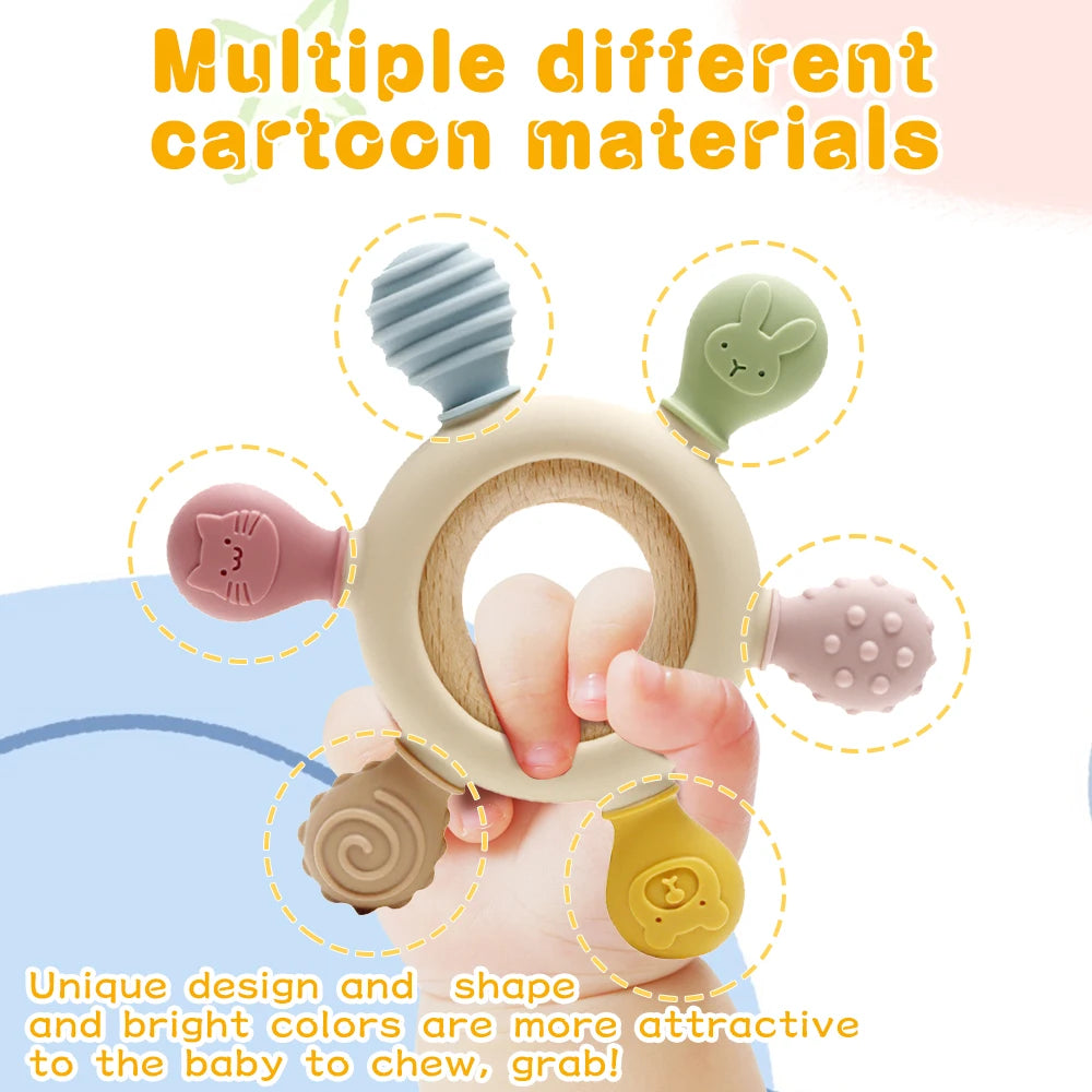 1PC Silicone Teether Baby Ring Shape Wooden Teether Ring Kid Gift BPA Free Silicone Children Goods Kid Teething Toy