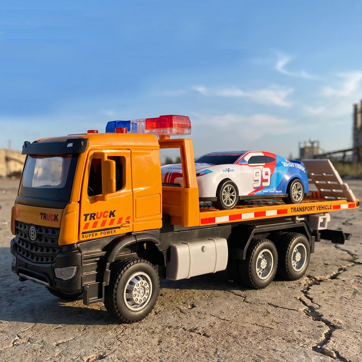 1:32 Flachbett-Rettungsfahrzeug-Modell, Anhänger, technisches Freilassungsfahrzeug, Legierung, Frontteil, mit Sound und Licht, Rückprallgurt, kleines Auto