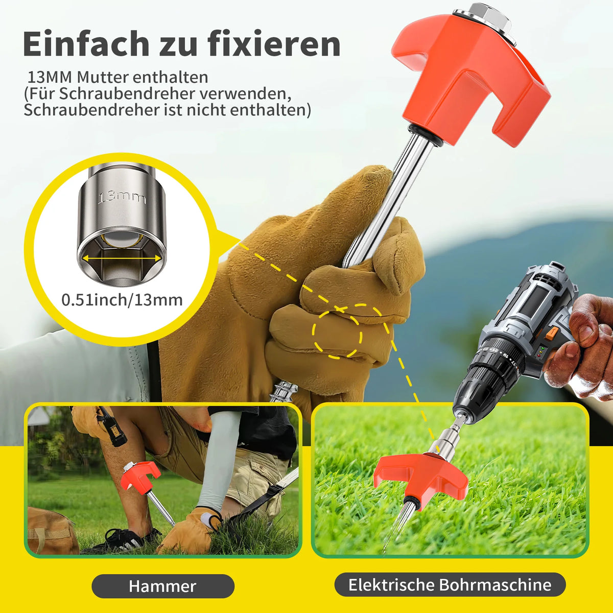 12/16/24PCs Screw pegs tent steel pegs Camping tent pegs Set Herring Earth nails Stable tent ground anchor 25CM Camping Herring Puls 13MM Hexagon Drill for Hard Ground Forest Grass