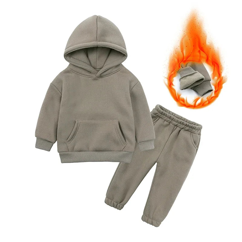 2026 Children Kids Fleece Winter Outfits Solid Cotton Hooded Sweatshirt+Pants Toddler Infant Suit Boy Girl Casual Warm Clothes
