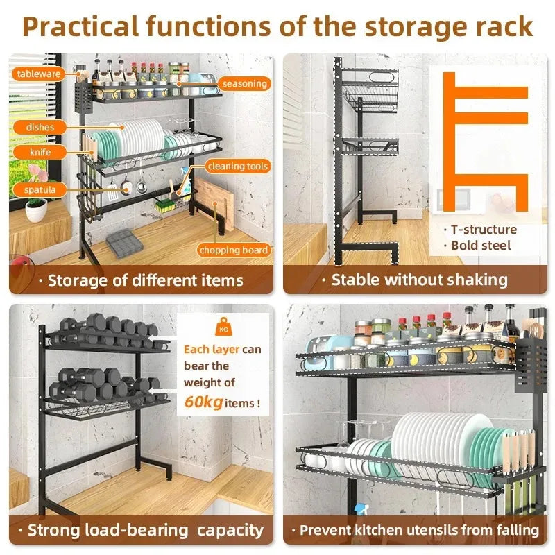 Kitchen Storage Shelf Above The Sink Bowl Draining Rack Multifunctional Dish Knife Rag Spoons Sink Rack Set  Organizer Kitchen
