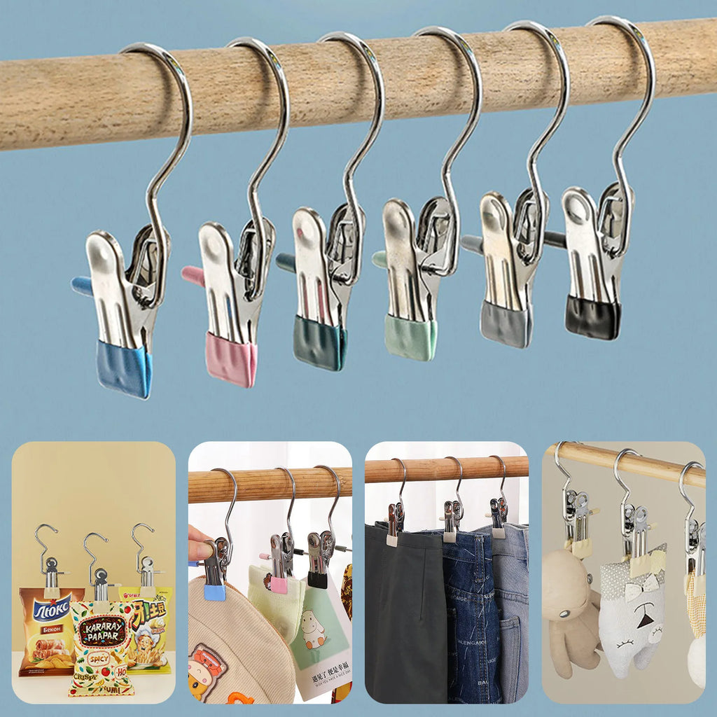 10pcs Stainless Steel Clothespins Laundry Clothes Pegs With Hook Portable Hanging Clothes Clip Wardrobe Clothes Organizer Hanger