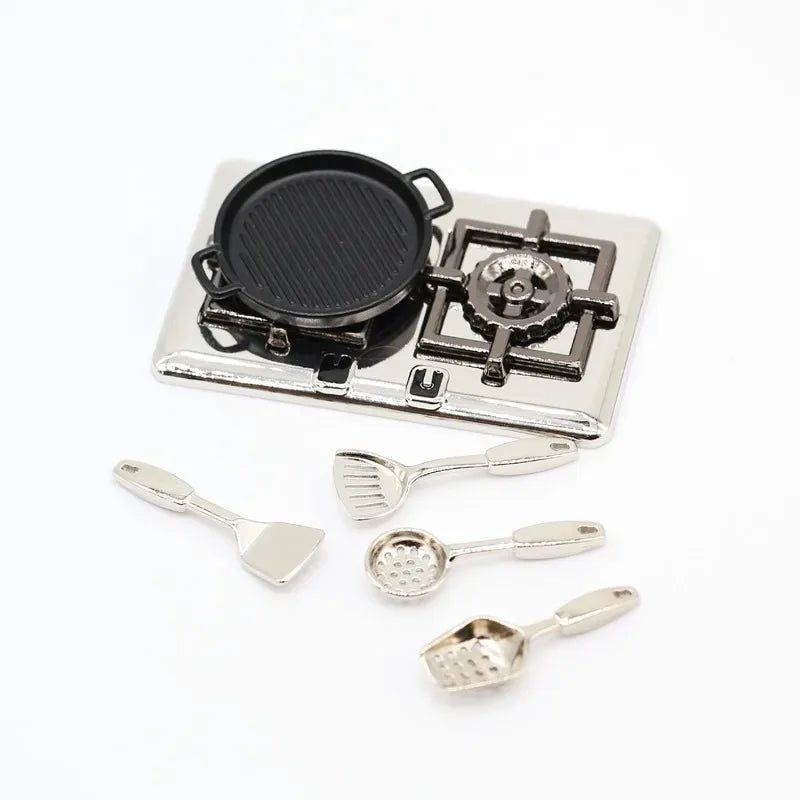 1:12 Dollhouse Miniatures Mini Kitchen Tableware Wooden Knife And Fork Metal Pot Set Doll House Toys Decor Accessories