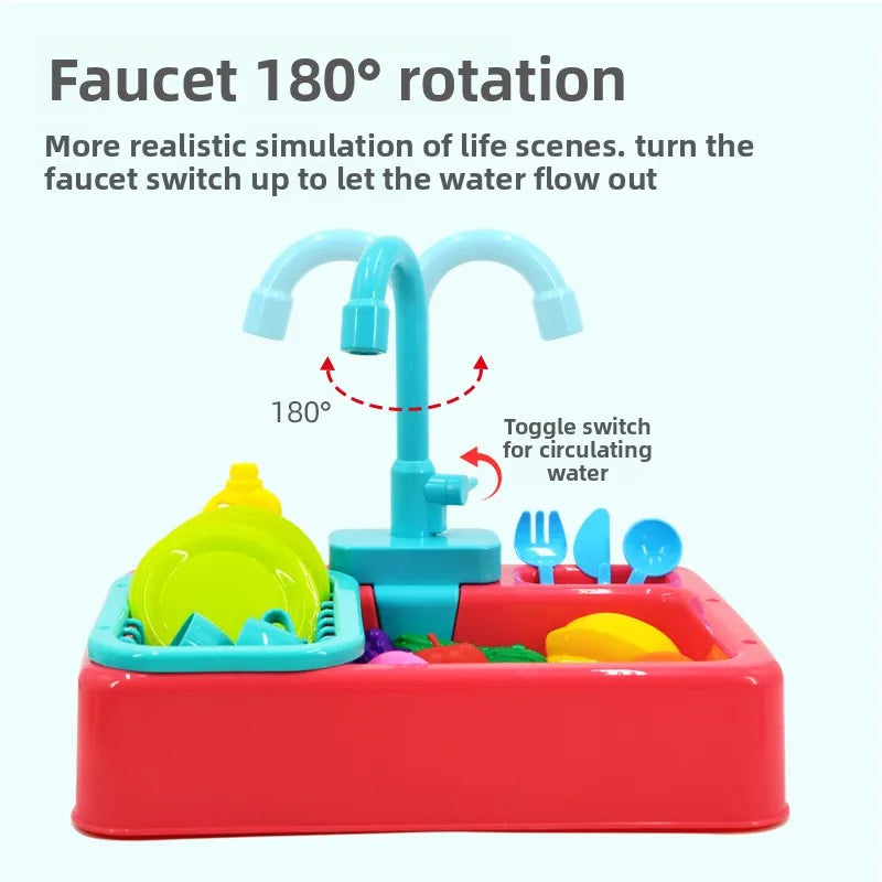 Kids Electric Dishwasher Kitchen Sink Toys with Running Water Spray Pretend Play Simulation Housework Set Gift for Girls Boys