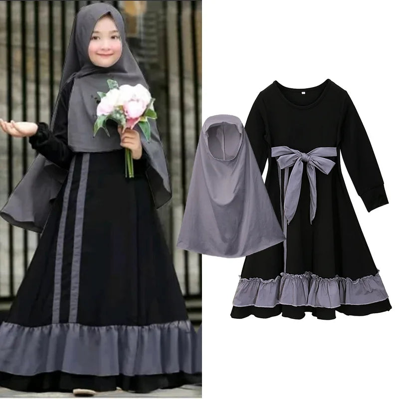Muslim Ramadan 2Pcs Islamic Girls Modest Prayer Gown Long Sleeve Dress Hijab Arabic Kids Abayas Dubai Kaftan Robe with Headscarf