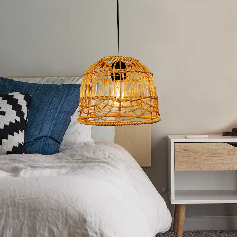 Woven Lantern LED  Hanging Light Lampshade Simulated Rattan Ceiling Pendant Lamp Shade Bedroom Dining Room Chandelier Lamp Cover