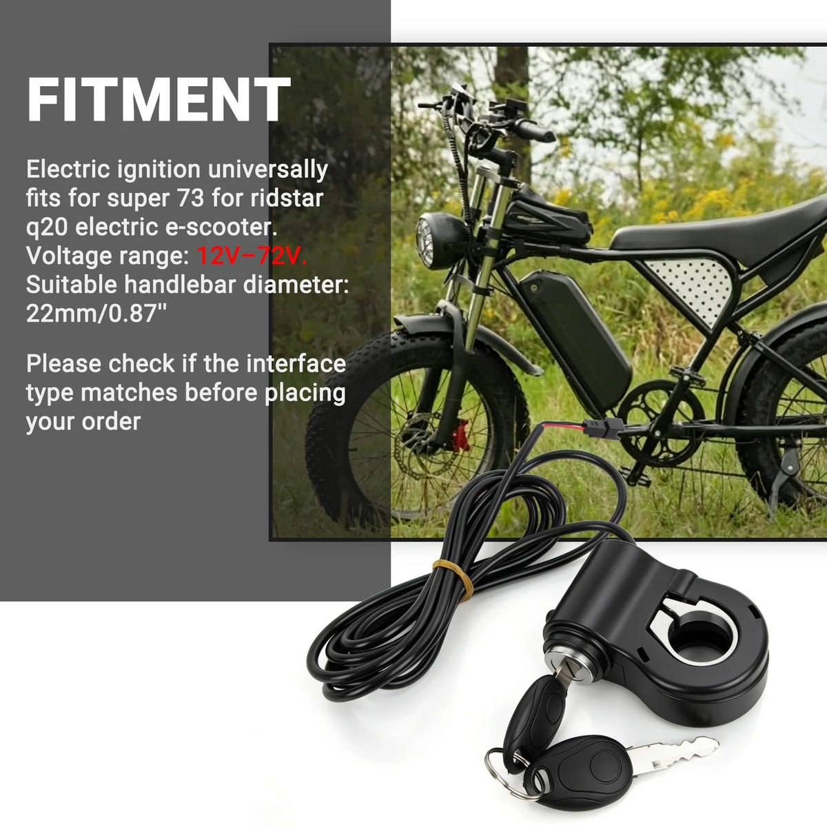 12V-72V Ebike Key Ignition 2 Wires Ignition Lock Key Switch with 2 Key for Super 73 for Ridstar Q20 Electric E-Scooter Universal