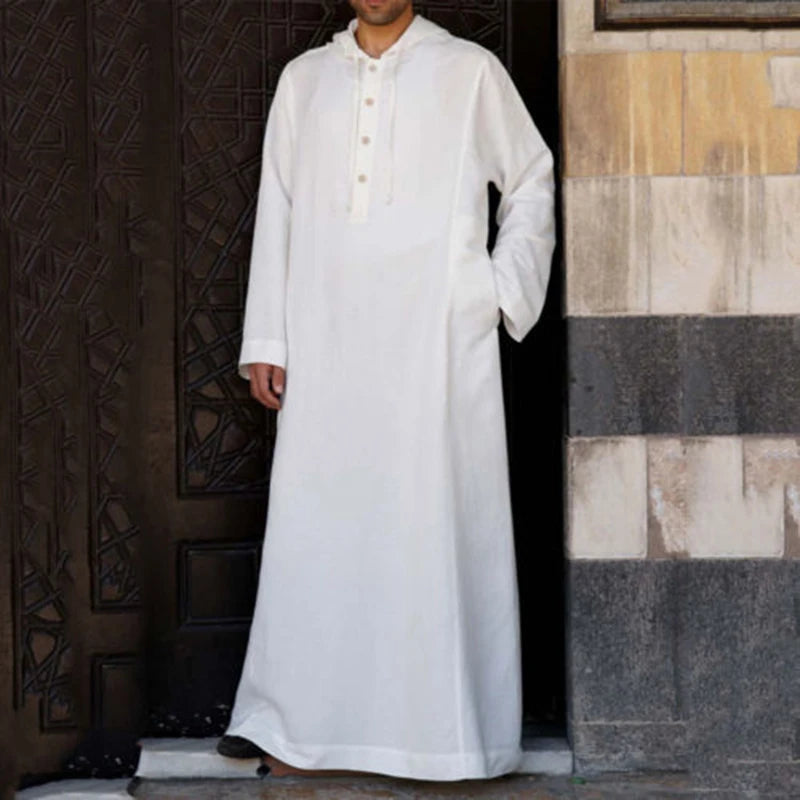Islamische Kleidung für Herren, langärmelig, lockere muslimische Männer, Saudi-Arabien, Pakistan, Kurta, muslimische Kostüme, muslimisches Kleid, Kaftan, Thobe mit Kapuze
