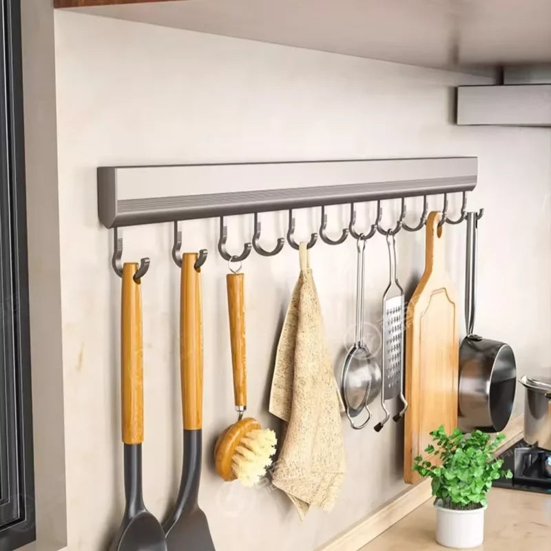 Kitchen HookRack - Wall-Mounted Without Drilling - Space Aluminum Multi-Functional Storage Hooks