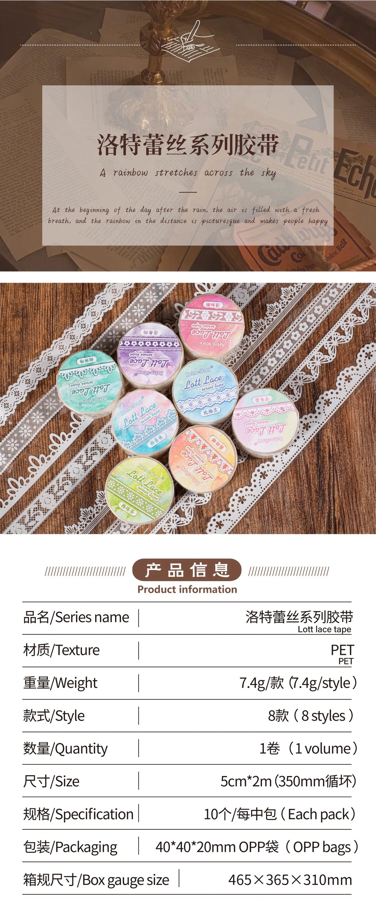 1Roll Lace Series PET Tape Scrapbooking Decoration Stickers Perfect for Collage Journaling Craft Diy Supplies