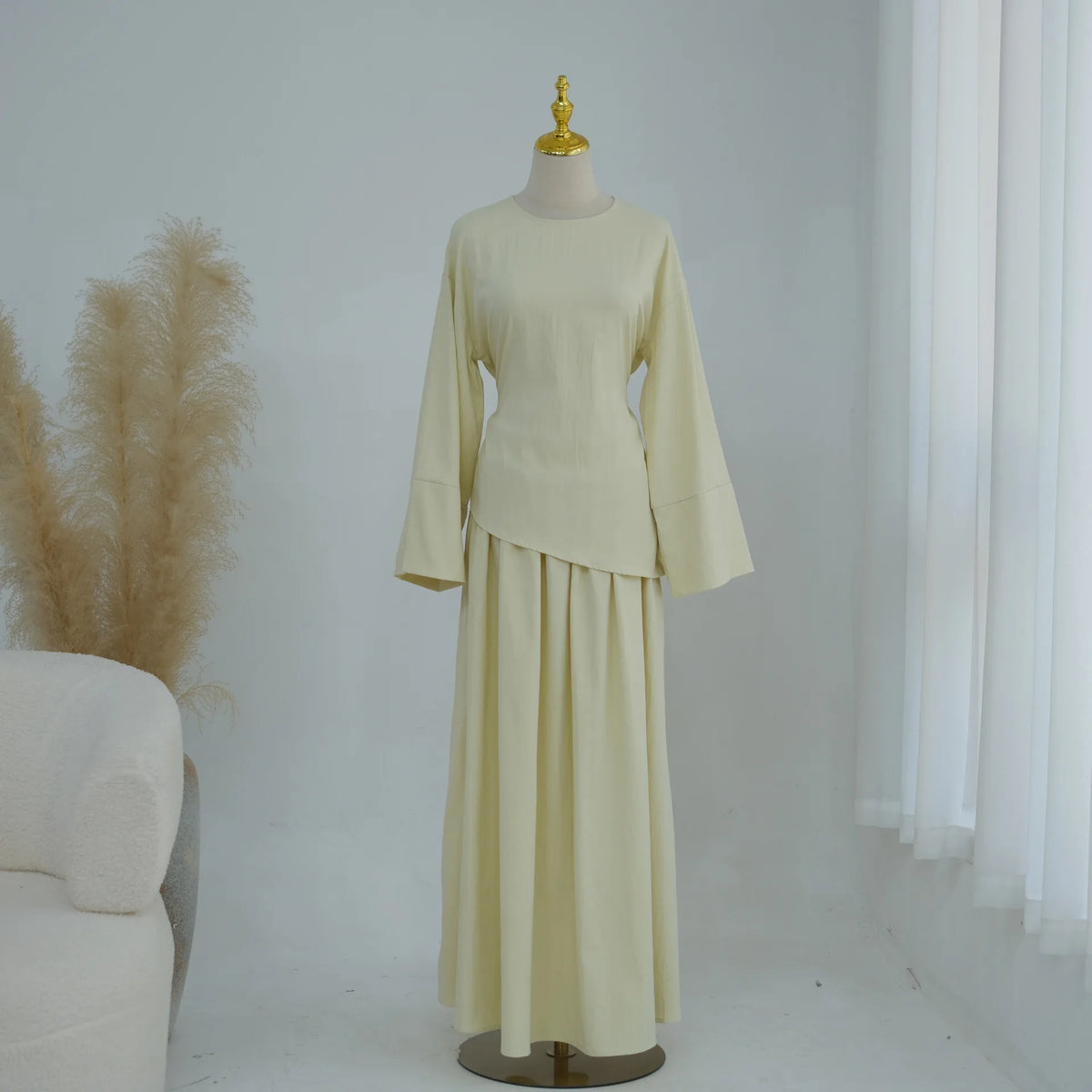 Elegant Muslim Women 2 Piece Abaya Set Ramadan Modest Summer Daily Turkey Top and Skirt Suit Islamic Casual Outfit for Eid