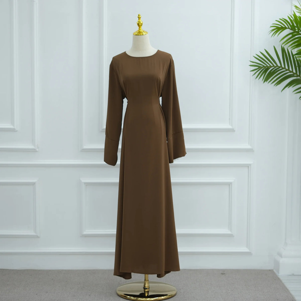 2025 Ramadan Modest Muslim Women's Clothes Elegant Arabic Back Belted Abaya Dress with Lace Sleeves Islamic Flared Maxi Robe