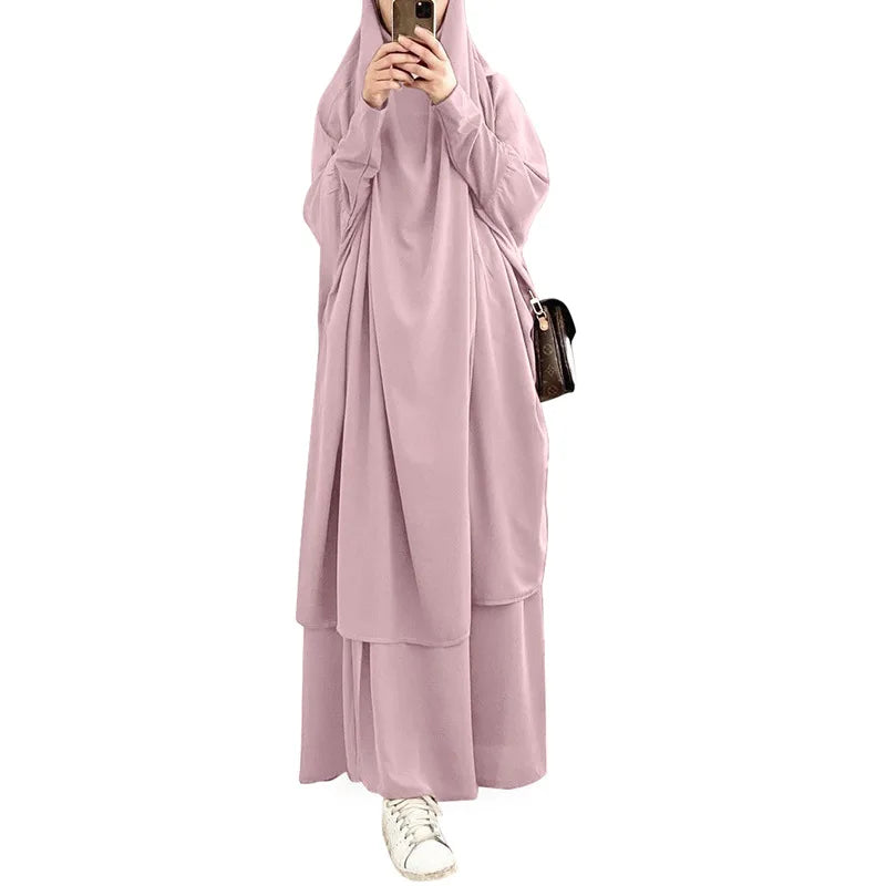 Eid Women Long Khimar 2 Piece Set Prayer Garment Djellaba  Abaya Muslim Ramadan Gown Dubai Arab Islamic Niqab Burka Jubah Jilbab