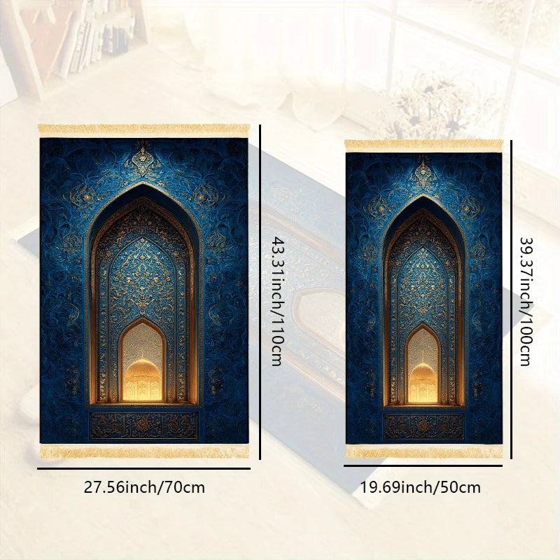 VIKAMA Islamischer Gebetsteppich, Blau-Gold Luxuriöses Moschee-Design, Faltbarer Waschbarer Muslimischer Teppich für Salah, Eid-Geschenk