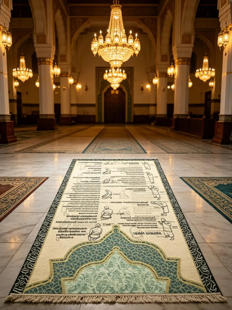 Islamic Prayer Rug with Salah Step Guide | Muslim Janamaz Sajjadah for Beginners