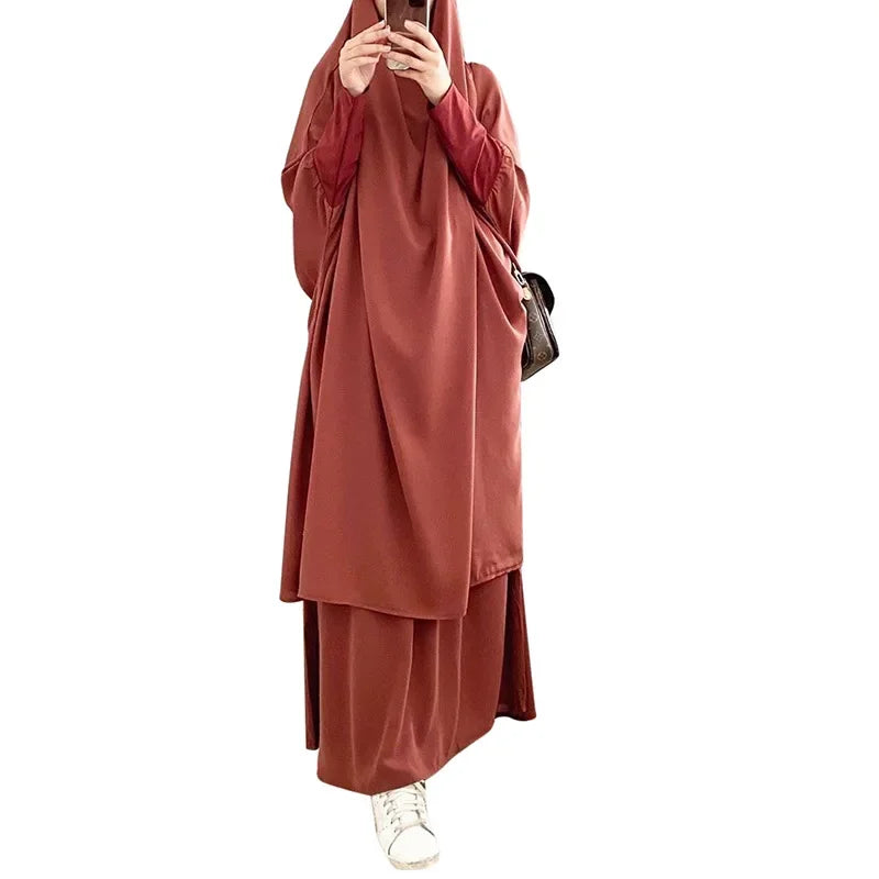 Eid Women Long Khimar 2 Piece Set Prayer Garment Djellaba  Abaya Muslim Ramadan Gown Dubai Arab Islamic Niqab Burka Jubah Jilbab