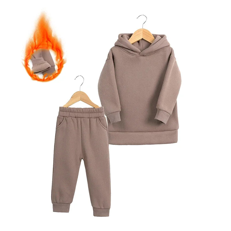2026 Children Kids Fleece Winter Outfits Solid Cotton Hooded Sweatshirt+Pants Toddler Infant Suit Boy Girl Casual Warm Clothes