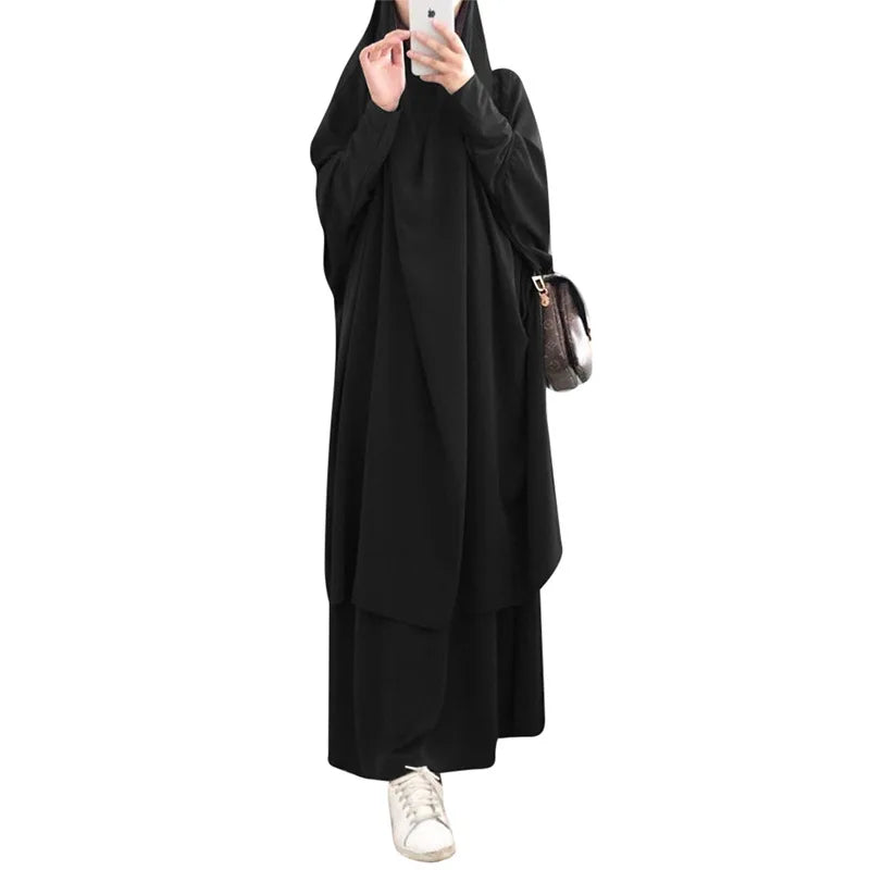 Eid Women Long Khimar 2 Piece Set Prayer Garment Djellaba  Abaya Muslim Ramadan Gown Dubai Arab Islamic Niqab Burka Jubah Jilbab
