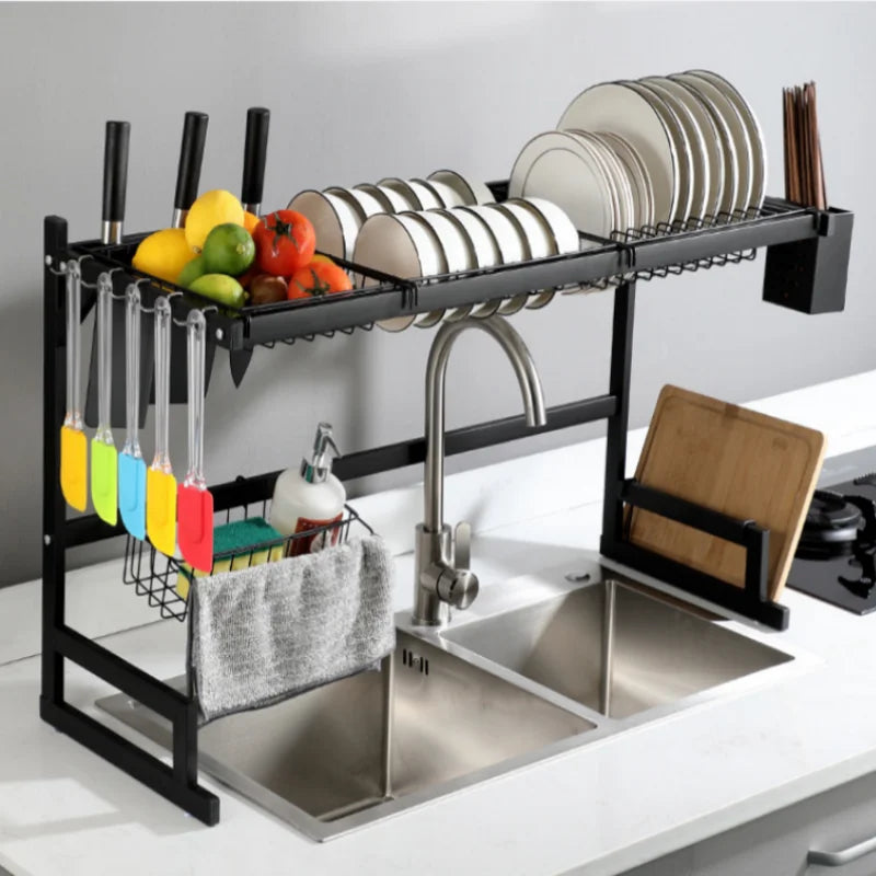 Kitchen Storage Shelf Above The Sink Bowl Draining Rack Multifunctional Dish Knife Rag Spoons Sink Rack Set  Organizer Kitchen