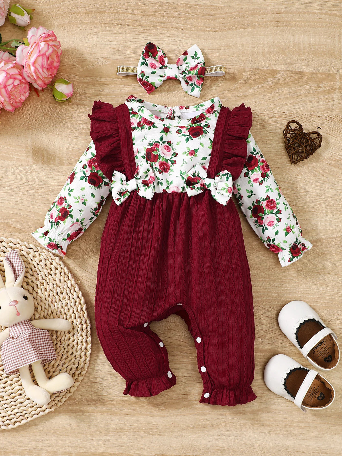 0-18 Months Newborn Baby Girl Romper Cute Floral Long Sleeve with Bow Bodysuit+Headband Infant Girl Spring&Autumn Jumpsuit