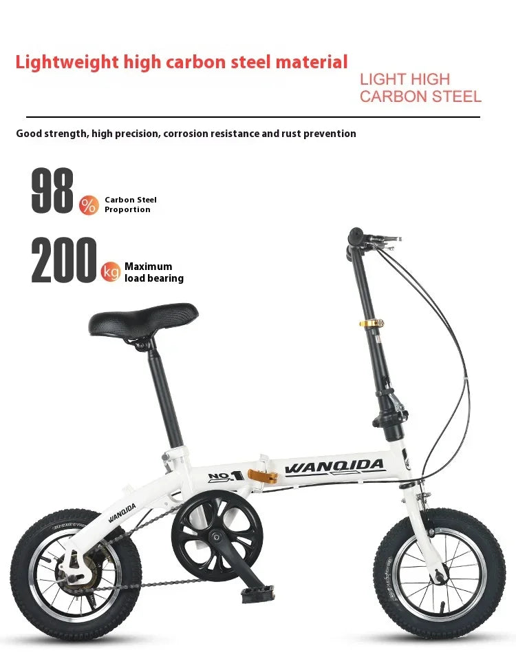 Foldable bicycle, 12-inch small bike for boys and girls, portable and ultra-light transmission with disc brakes