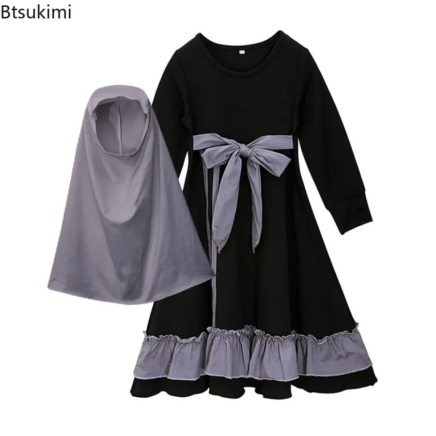 Muslim Ramadan 2Pcs Islamic Girls Modest Prayer Gown Long Sleeve Dress Hijab Arabic Kids Abayas Dubai Kaftan Robe with Headscarf