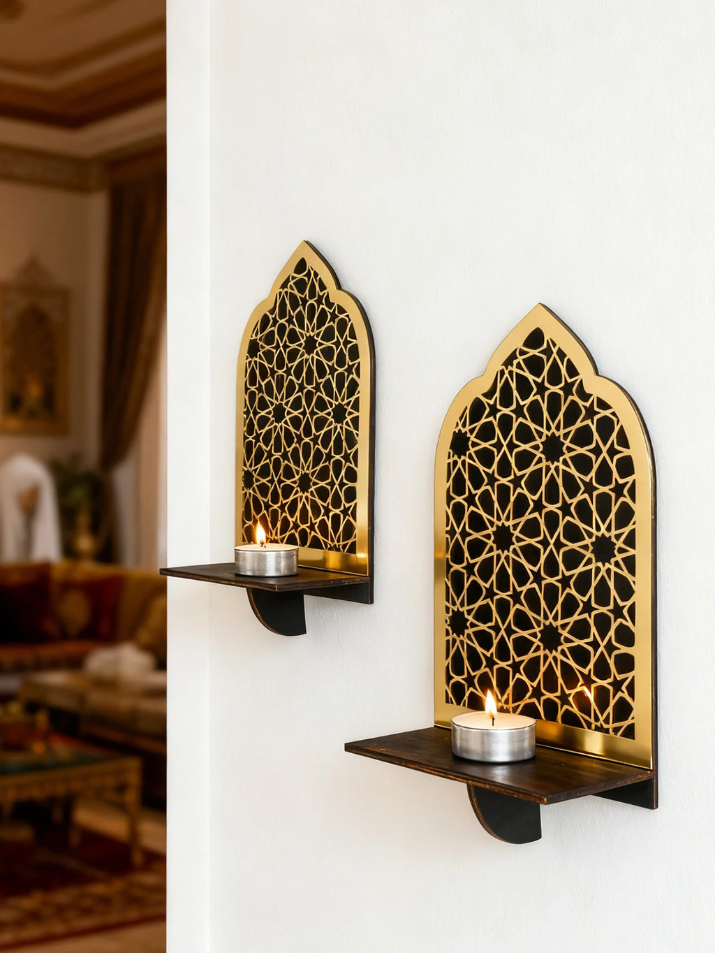 Islamic Ramadan Wood Wall Shelf Geometric Gold Black Acrylic Hanging Shelf for Eid Mubarak Kareem Candle Incense Home Decor Gift