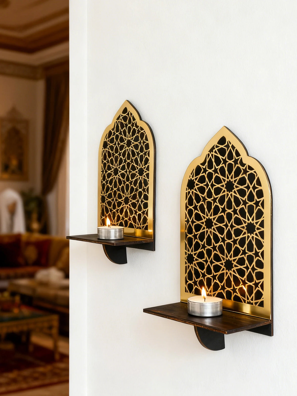 Islamic Ramadan Wood Wall Shelf Geometric Gold Black Acrylic Hanging Shelf for Eid Mubarak Kareem Candle Incense Home Decor Gift