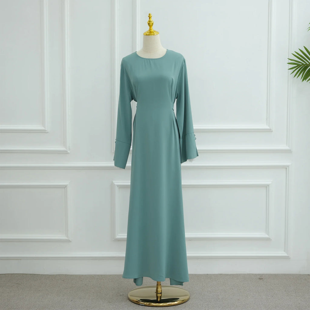 2025 Ramadan Modest Muslim Women's Clothes Elegant Arabic Back Belted Abaya Dress with Lace Sleeves Islamic Flared Maxi Robe