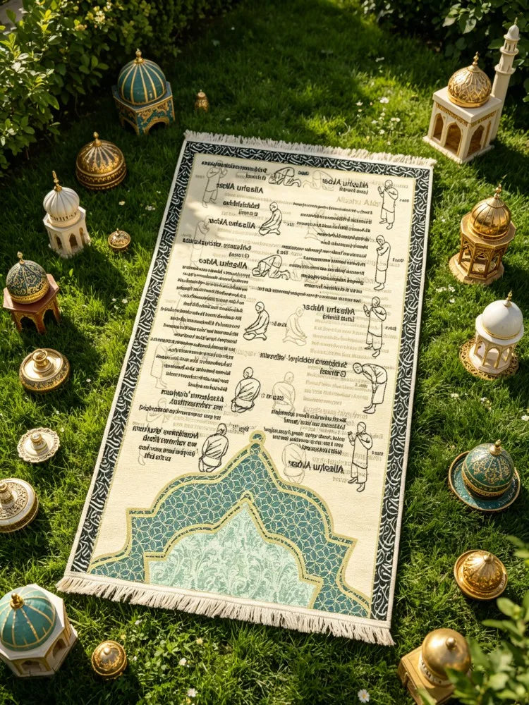 Islamic Prayer Rug with Salah Step Guide | Muslim Janamaz Sajjadah for Beginners