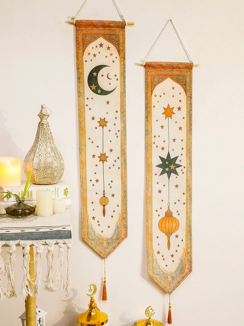 Islamic Ramadan Wall Banner Moon Star Lantern Tapestry for Eid Mubarak Kareem Muslim Festival Home Decor Hanging Ornaments Gifts