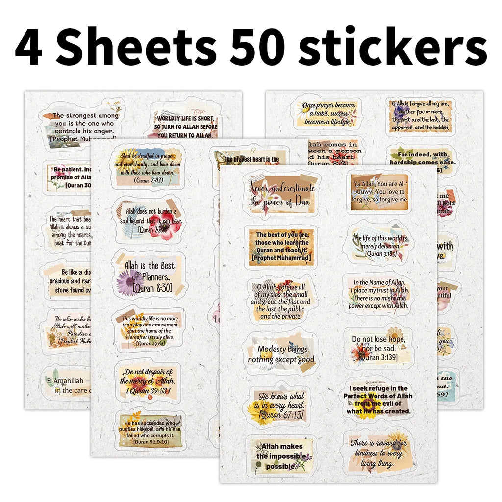 4sheets-50pcs Islamic Quranic Verses Inspirational Quotes Stickers For Quran Journaling,Scrapbooking,Ramadan Decor,Muslim Gifts