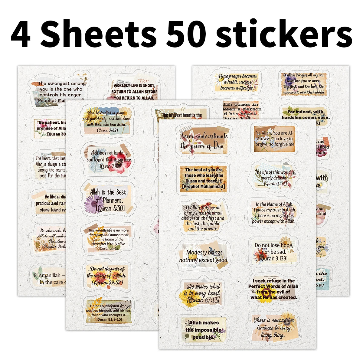 4sheets-50pcs Islamic Quranic Verses Inspirational Quotes Stickers For Quran Journaling,Scrapbooking,Ramadan Decor,Muslim Gifts