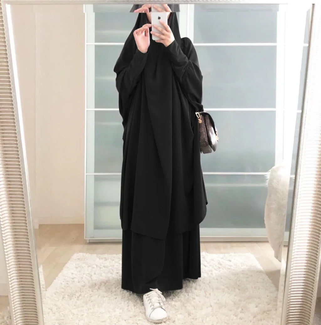 Eid Women Long Khimar 2 Piece Set Prayer Garment Djellaba  Abaya Muslim Ramadan Gown Dubai Arab Islamic Niqab Burka Jubah Jilbab