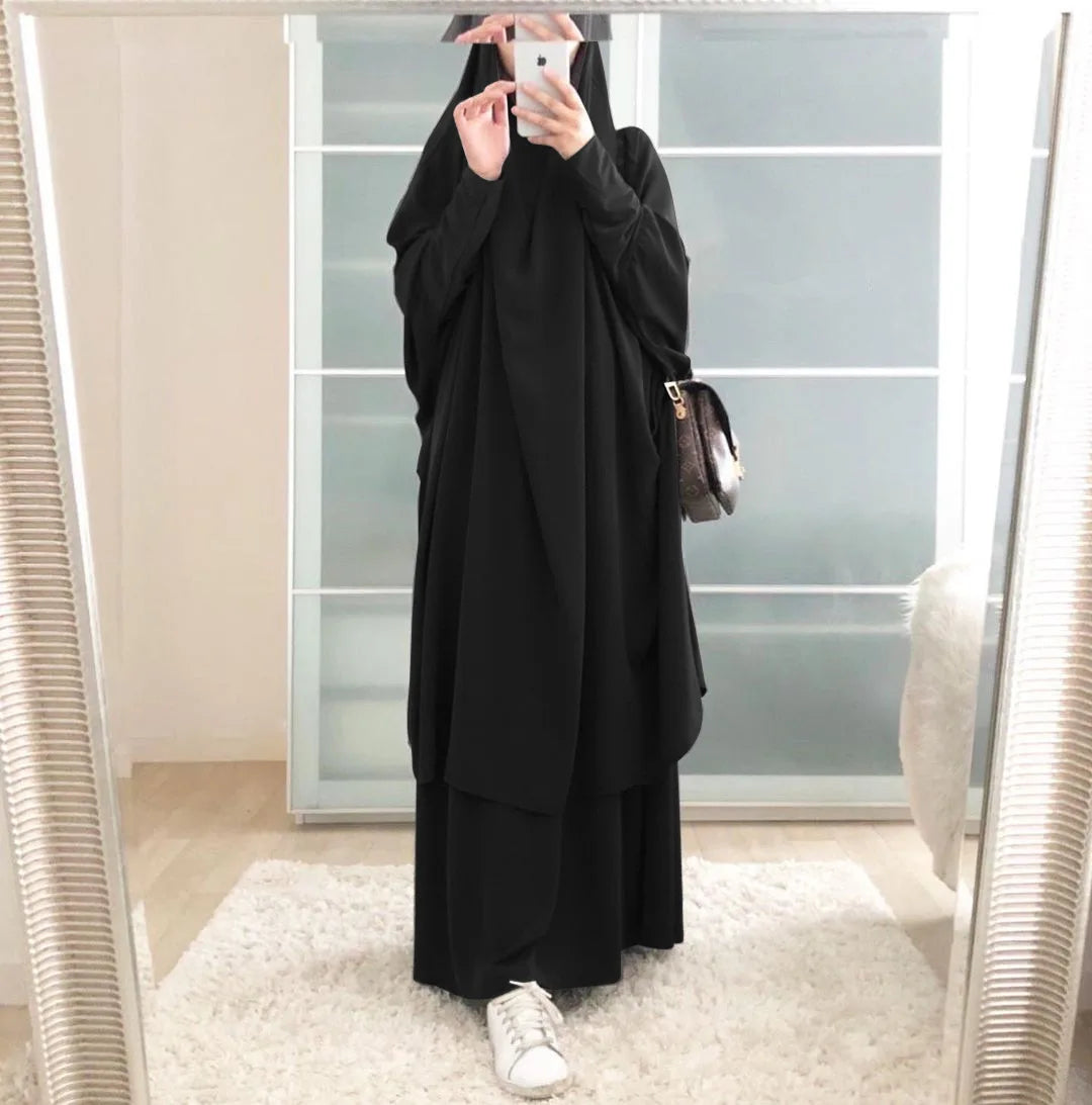 Eid Women Long Khimar 2 Piece Set Prayer Garment Djellaba  Abaya Muslim Ramadan Gown Dubai Arab Islamic Niqab Burka Jubah Jilbab