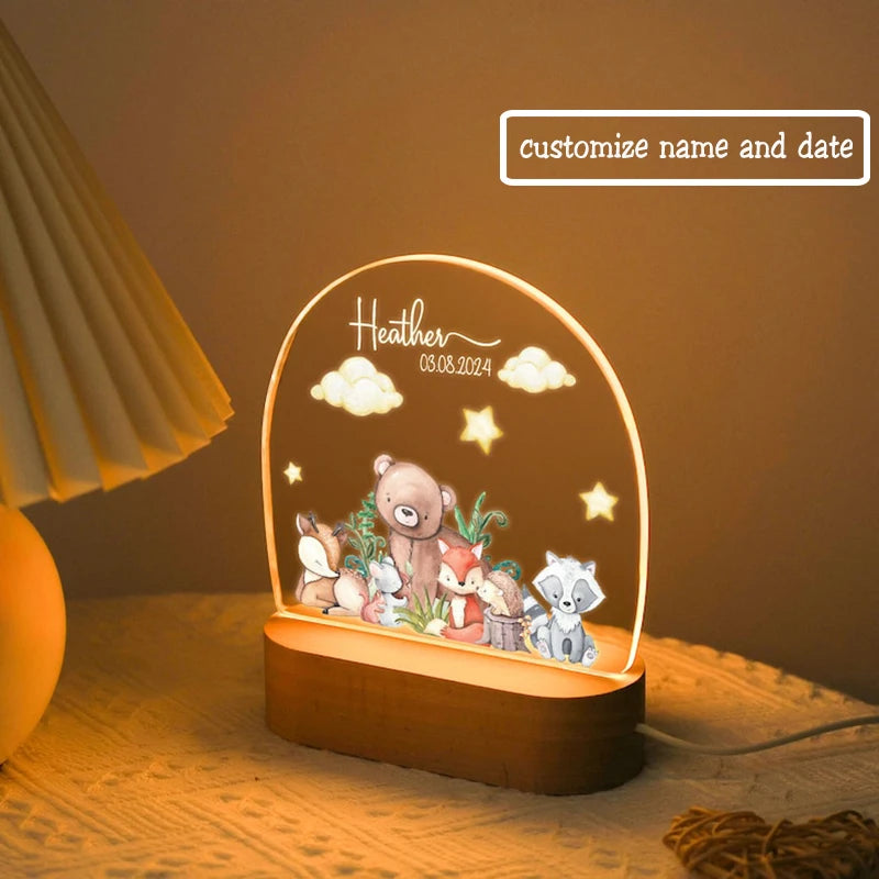 Personalized Acrylic Woodland Animals Forest Plaque with LED Night Light For Baby Children's Bedroom Nursery Light Birthday Gift