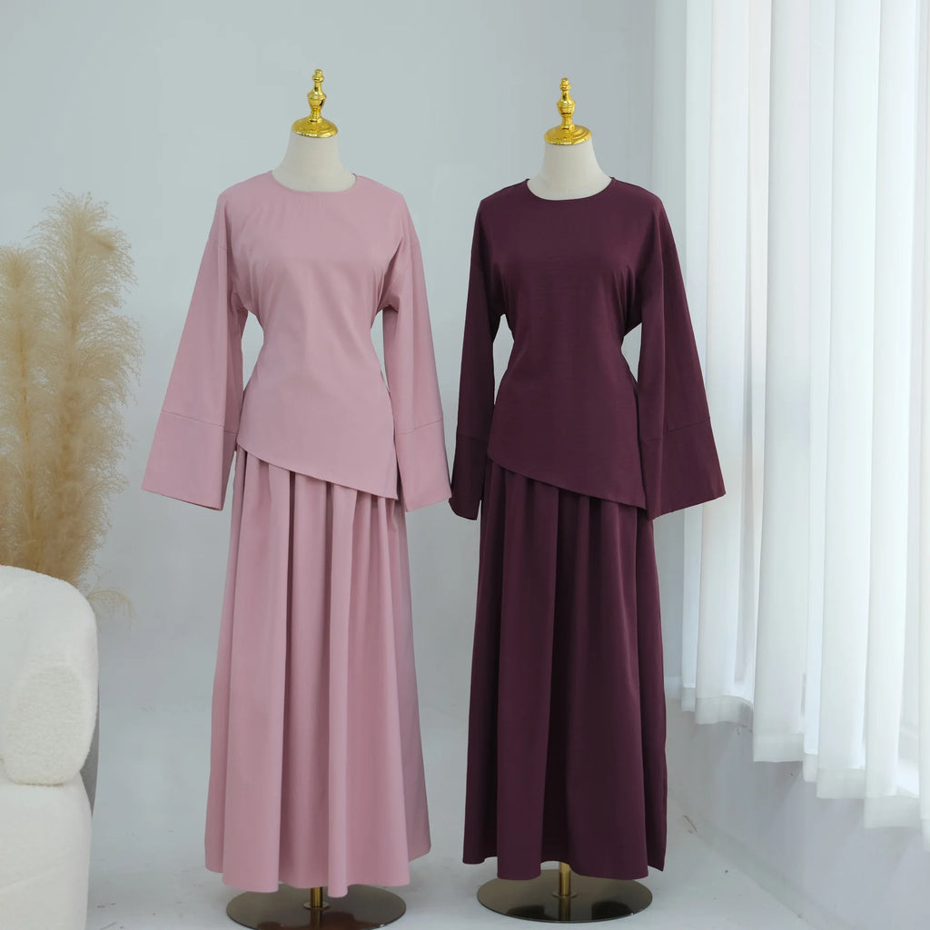 Elegant Muslim Women 2 Piece Abaya Set Ramadan Modest Summer Daily Turkey Top and Skirt Suit Islamic Casual Outfit for Eid