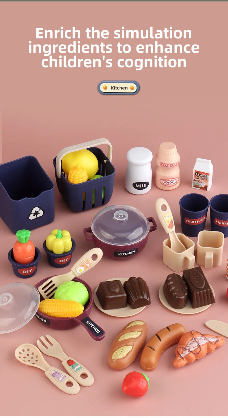Children Kitchen Toys Set Simulated Tableware Kitchen Counter Play Set with Lights Spray DIY Toy for Girls Kids Birthday Gifts