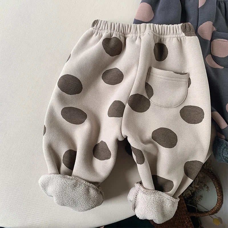 2025 New Winter Children Dot Print Trousers Plus Velvet Thick Girls Harem Pants Baby Boys Fleece Casual Pants Kids Clothes