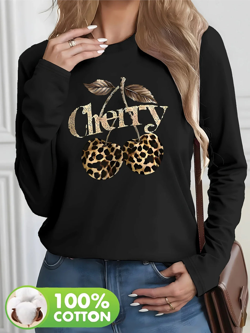 Y2k Mode Damen Lässiges Langarm-T-Shirt mit Kirsch-Leopardenmuster Grafik-Design 100% Baumwolle Rundhals-Oberteil Damen-T-Shirts
