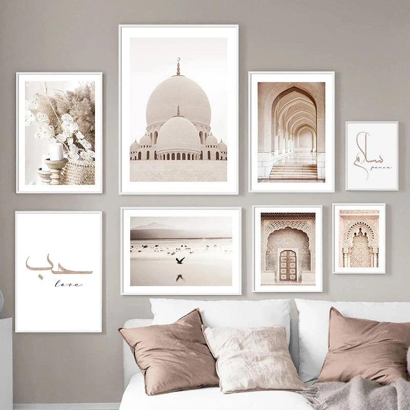 Beige Islamic Style Muslim Architecture and Calligraphy Printed on Canvas Wall Posters Decorative Painting Luxury Room Pictures