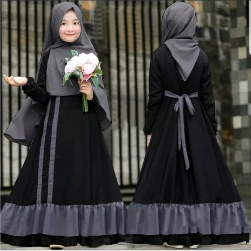 Muslim Ramadan 2Pcs Islamic Girls Modest Prayer Gown Long Sleeve Dress Hijab Arabic Kids Abayas Dubai Kaftan Robe with Headscarf